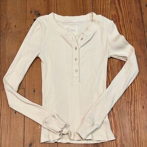 Aerie Cream Button-Up Ribbed Long Sleeve Top